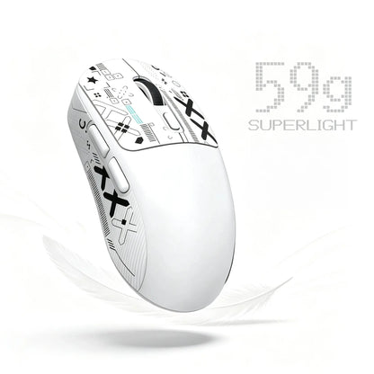 T-WOLF X4 59G Ultra Lightweight Wireless Gaming Mouse, Tri-Mode Rechargeable Multi-Device Mouse, 1000Hz Polling Rate, Programmable Mouse Driver Support, Sticker Kit for Personal Style, Fast Response Gamer Stuff for PC Gaming & Desk Setup, White & Black